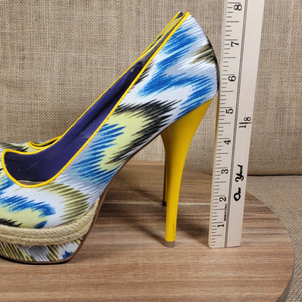 Qupid Platform Heels Blue Yellow White Print Espadrille Pumps Women's‎ Size 9 - Picture 5 of 12